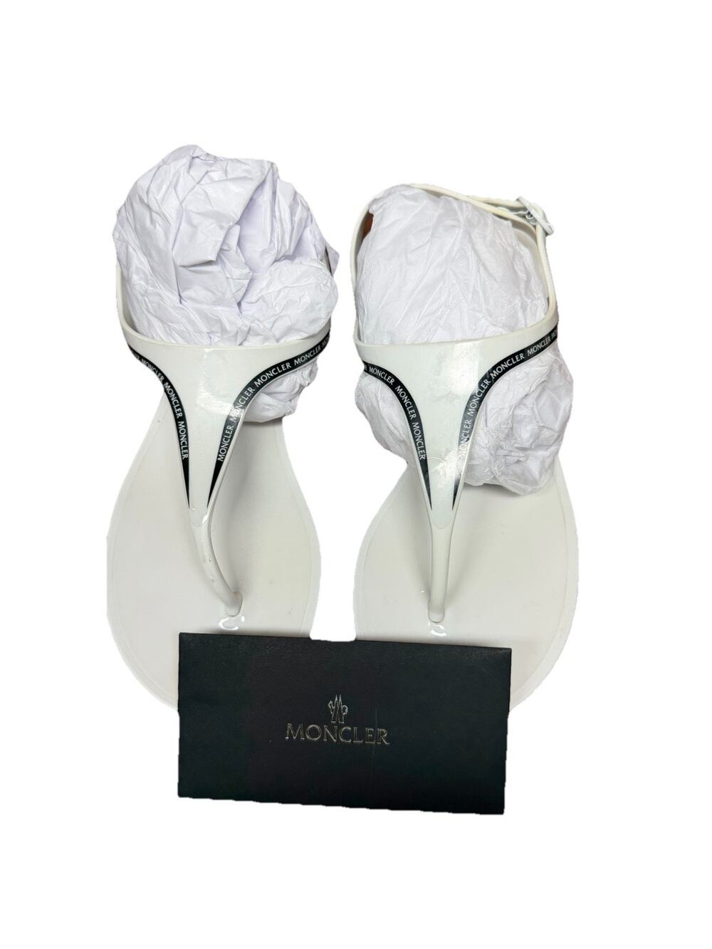 Moncler Sandie Sandalo White Logo Thong Sandals Size 37 US7 Italy Boxed Dust Bag